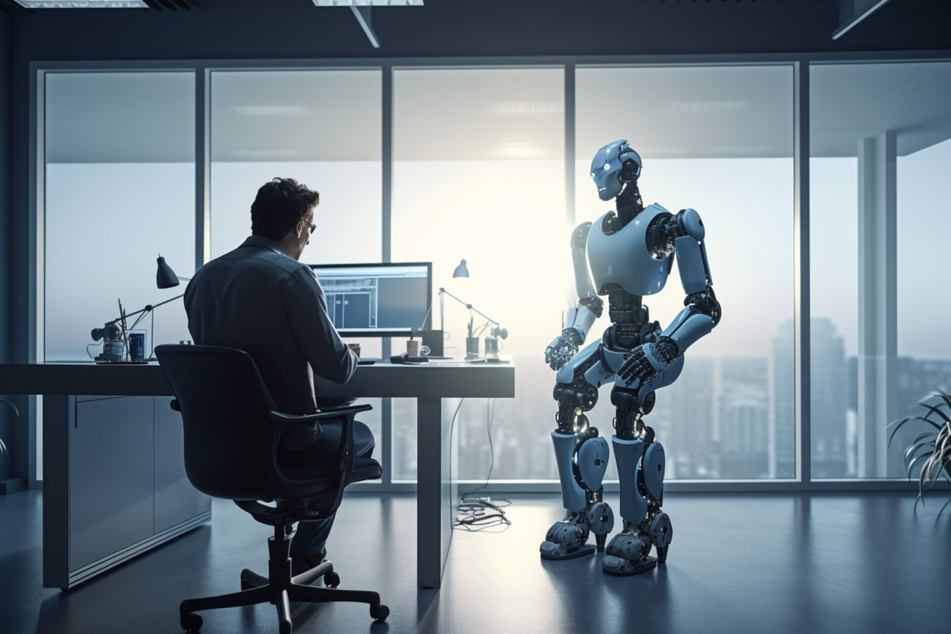 AI artificial intelligence or humanoid robot talking to human Consult and advise wisely project development generative AI.